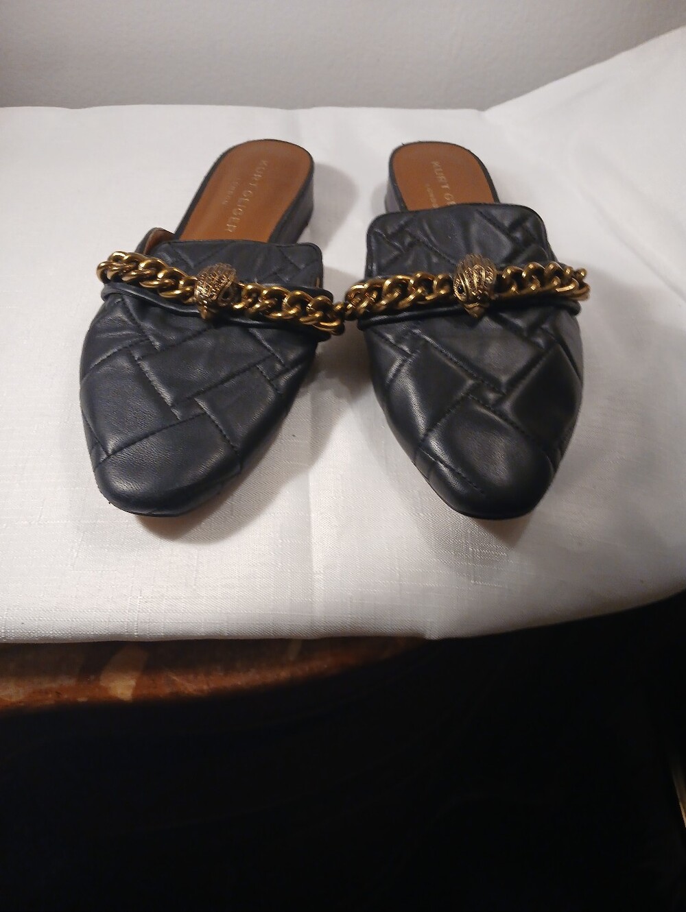 Kurt Geiger Black Quilted Leather Chain Slide Sandals with Gold Trim